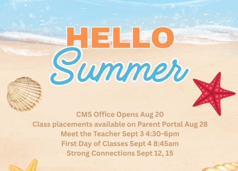 CMS Office opens Aug 20 CMS Class Placements on PP Aug 28 Meet the Teacher Sept 3 4:30-6 First Day of Classes Sept 4, 8:45am Strong Connections Sept 12, 15